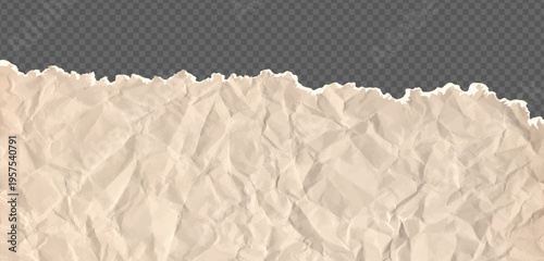 Cardboard horizontal down border with folded and torn paper beige teture. Rip note ripped with texture piece strip and notebook fold brown. Scrap page carton on like png bg with torn edges for collage