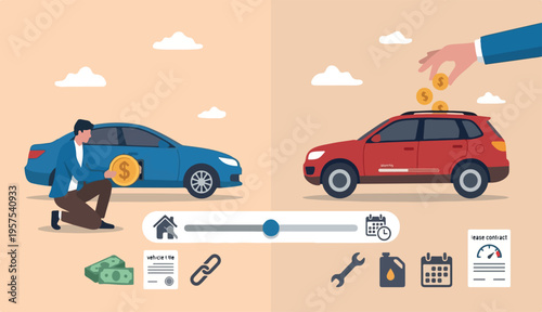 Car leasing or car loan, borrow money too buy new car, rental auto too maintenance cost, debt, purchase buy new trend vehicle concept, businessman hand to owner put dollar money coin into new car
