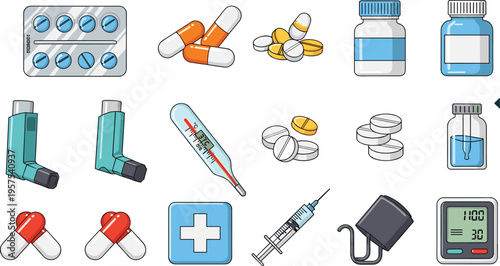 Medical and clinic vector icon set featuring doctors nurses and healthcare professionals in various medical scrubs and laboratory coats isolated on white background grid