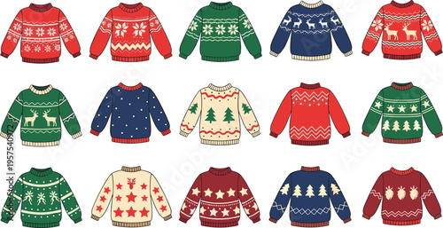 Large collection of fifteen Christmas sweater vectors with festive ugly sweater patterns including reindeer snowflakes stars and pine trees for winter holiday seasonal graphic design projects