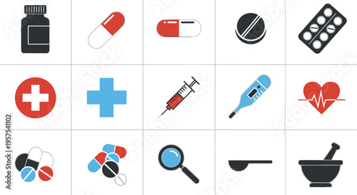 Medical and healthcare vector icon set featuring pills capsules medicine bottles syringes thermometers heart rate monitors and pharmacy equipment isolated on white background grid