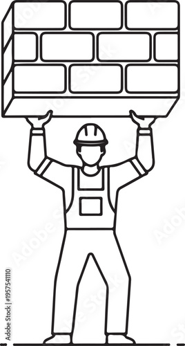 Man in overalls and hard hat holding up a brick wall construction worker