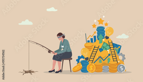 Fail to see opportunity, uninspired employee stuck to find creativity, motivation, corporate success or challenge, bored woman blindly sit and fishing at wrong place while ignore success opportunity