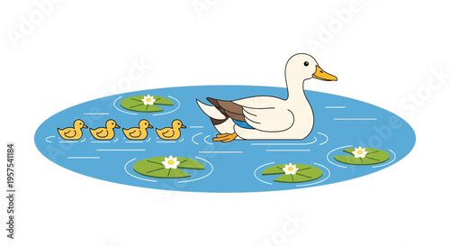 A serene illustration depicts a mother duck leading her ducklings across a blue pond a charming silhouette high quality professional detailed