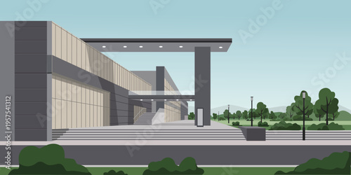 Modern Office Building Exterior with Park Landscape Flat Illustration. Office building park. Company building. Business district. Private property.