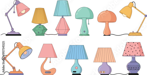 Modern and Retro Desk Lamp Vector Icon Set Featuring Colorful Table Lights, Bedside Lamps, and Adjustable Office Task Lighting for Interior Design Projects