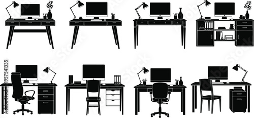 Black and white vector illustration set of eight office desk silhouettes with computers, lamps, and accessories, perfect for workspace, furniture, and interior design themes.