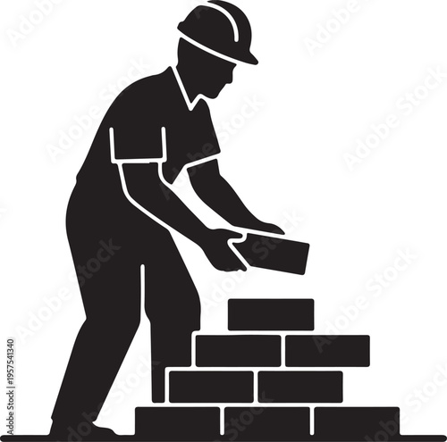 Black silhouette of a builder worker laying bricks construction bricklayer
