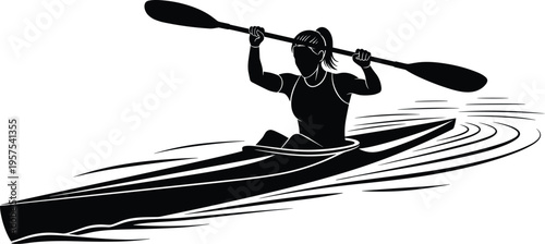Black and white vector illustration of person kayaking with paddle and water ripples, symbolizing outdoor adventure, water sports, and athletic activity themes.