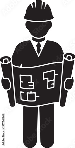 Engineer worker holding blueprints in hands wearing hard hat construction