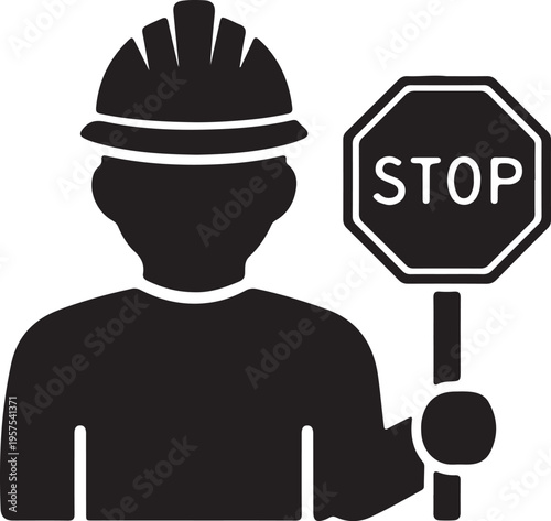 Black silhouette of construction worker wearing hard hat holding stop sign