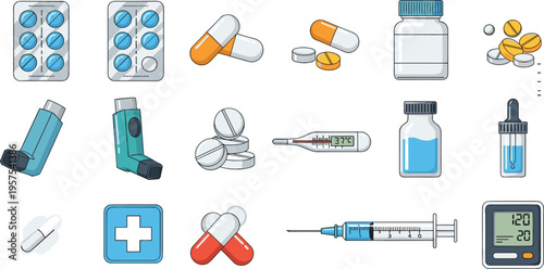 Medical diagnostic and pharmacy vector icon set featuring asthma inhalers blood pressure monitors digital thermometers syringes medicine bottles and various antibiotic pills isolated on white backgrou