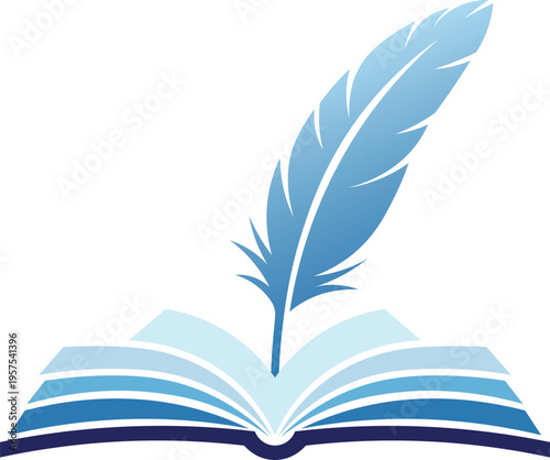 Open book with blue feather quill writing symbol