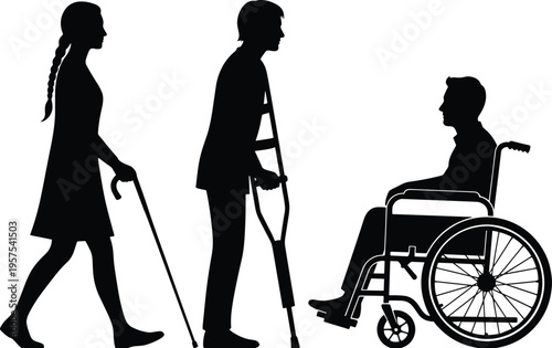 Disabled People Silhouette Group, Man in Wheelchair, Person on Crutches, Blind Woman with Walking Cane, Disability Inclusion, Healthcare, Accessibility Concept
