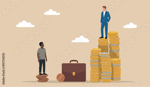 Economic inequality unfairness income different money people being paid concept, white rich businessman standing on high salary coins tower with poor black man on low coins stack