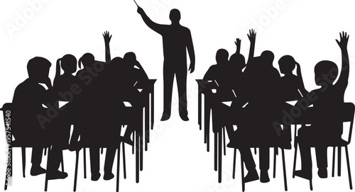 Teacher instructing students raising hands in classroom illustration vector silhouette