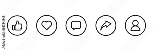 social media interface icon set in line style. like, unlike, comment, share, message, thumb and save, contact simple black style symbol sign for apps and website, vector illustration.