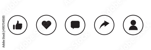 social media interface icon set in line style. like, unlike, comment, share, message, thumb and save, contact simple black style symbol sign for apps and website, vector illustration.