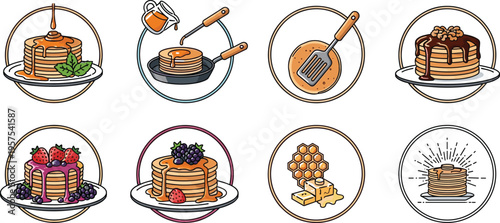 Pancake Badge Icon Set with Syrup Pouring Frying Pan Spatula and Sweet Breakfast Desserts in Vintage Circular Frames for Food Design Projects