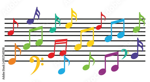 Colorful musical notes float above and below lines on a staff creating a vibrant composition silhouette high quality professional detailed modern