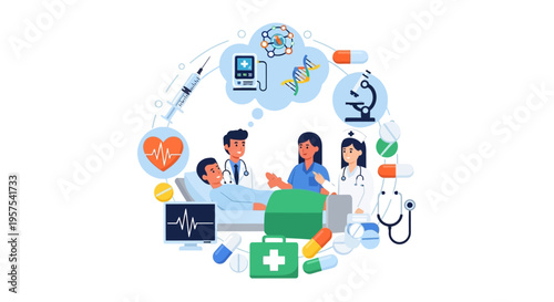Comprehensive Healthcare & Patient Care Illustration: Medical Team, Doctors, Nurses with Patient, Diagnostics & Treatment Symbols