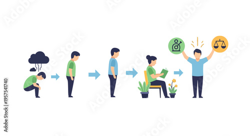 Mental Health Journey: Illustration of Self-Care, Personal Growth, and Achieving Emotional Well-being from Depression and Sadness