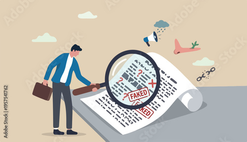 Fake document, wrong information verification fake news inspection, fraud illegal reports concept, smart businessman inspector magnifying glass verify fake document