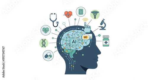 Artificial Intelligence in Healthcare: AI Brain with Medical Technology, Diagnostics, and Research Icons Illustration