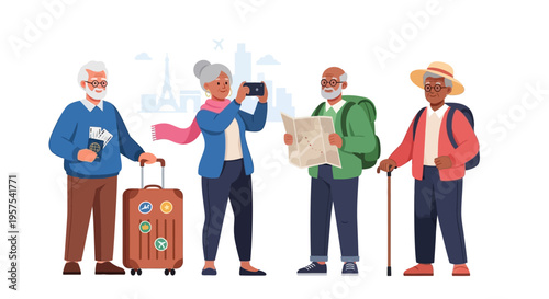 Happy Senior Travelers Group Exploring: Elderly Tourists with Passport, Luggage, Map & Camera on Vacation