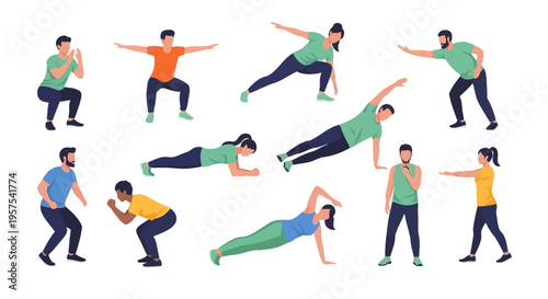 Diverse People Exercising: Flat Vector Illustration Set of Men and Women Performing Home Workout, Gym Training, and Bodyweight Fitness Routines