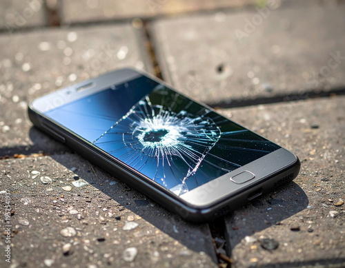 Detailed close-up view of a shattered smartphone screen resting on the ground after an accidental drop.