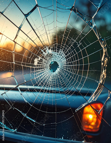 Detailed close-up of a cracked windshield with spiderweb patterns emanating from a central impact point.