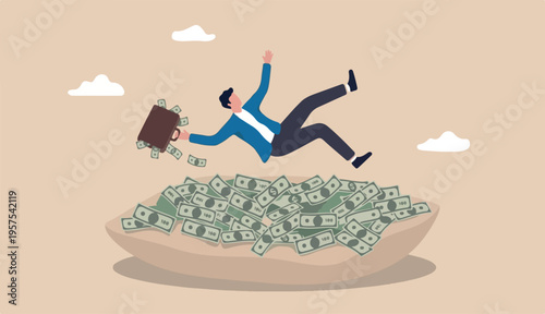 Insurance, reserve money or emergency fund on business failure, mistake or accident, compensation money support and cushion concept, fail businessman falling huge big desk money banknotes safety