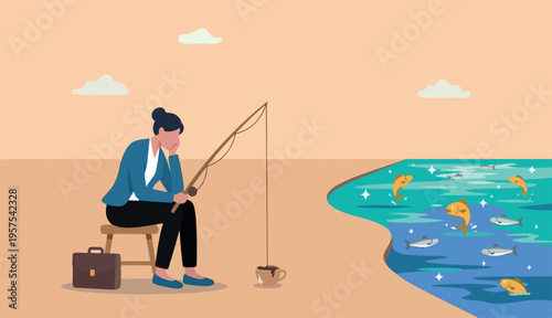 Fail to see opportunity, uninspired employee stuck creativity, motivation, corporate success challenge, bored woman blindly sit fishing wrong at ignore success opportunity