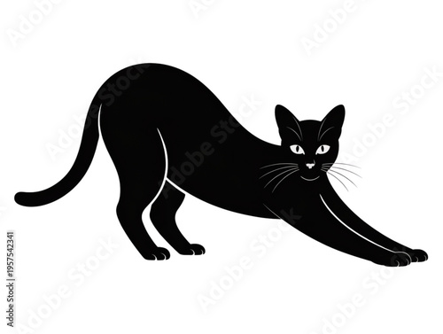 Black cat silhouette stretching, minimalist vector art, isolated on white background, elegant feline animal illustration