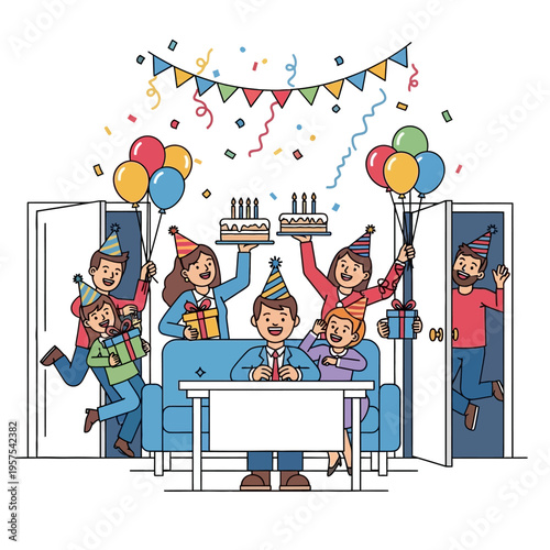 Office Birthday Celebration: Colleagues Surprising Boss with Cake, Gifts, Balloons, and Confetti