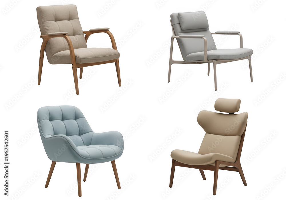 Fototapeta premium A collection of four contemporary upholstered lounge chairs with different styles and wood frames