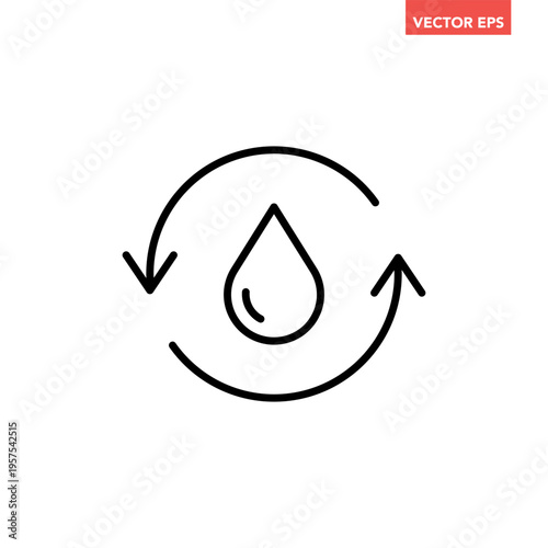 Single black round liquid drip recycle line icon, simple planet water protection flat design pictogram concept for app ads logo web button ui interface elements, vector isolated on white background