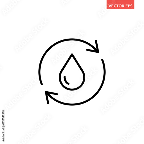 Single black round liquid drip recycle line icon, simple planet water protection flat design pictogram concept for app ads logo web button ui interface elements, vector isolated on white background