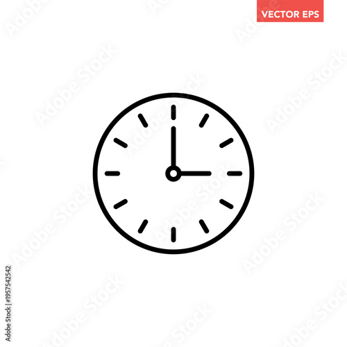 Black single round time clock icon, simple 3 am or pm clock flat design vector pictogram, infographic vector for app logo web website button ui ux interface elements isolated on white background