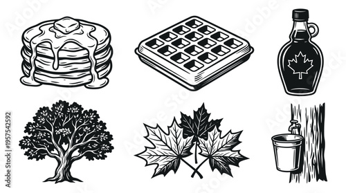 A vintage set of maple syrup production icons. Includes pancakes, waffle, tree, and leaves. Perfect for rustic breakfast menus, packaging, or farm branding.