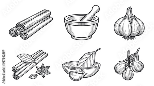 A collection of vintage-style vector icons of spices and herbs. Hand-drawn illustrations for culinary branding, menus, and packaging. Includes cinnamon, garlic, and onion.