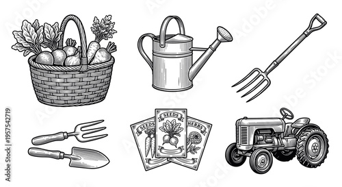 A set of retro farm and garden icons in an engraving style. Includes tractor, tools, and harvest basket. Ideal for organic branding, packaging, and farm-to-table concepts.