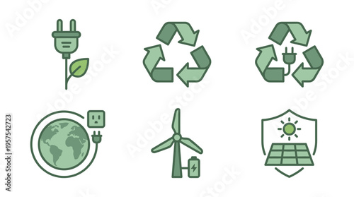 Set of green icons for renewable energy and ecology. Symbols for recycling, solar, wind, and global power. Perfect for sustainability concepts and eco friendly design.