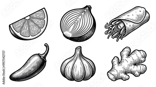 A set of food ingredients in a vintage engraving style. Includes lime, onion, burrito, chili, garlic, ginger. Perfect vector icons for menus, recipes or food packaging.