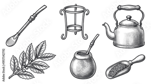 A vintage engraving set of traditional Yerba Mate tea ceremony elements. Includes calabash, bombilla, kettle, and leaves. Perfect for packaging, menus, and cultural designs.