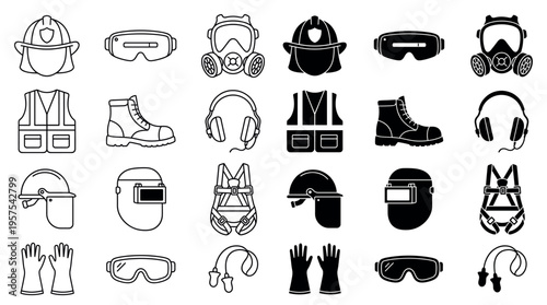 Set of personal protective equipment icons. Includes line and glyph styles for work safety gear like helmets, masks, and gloves. Perfect for industrial or construction design.