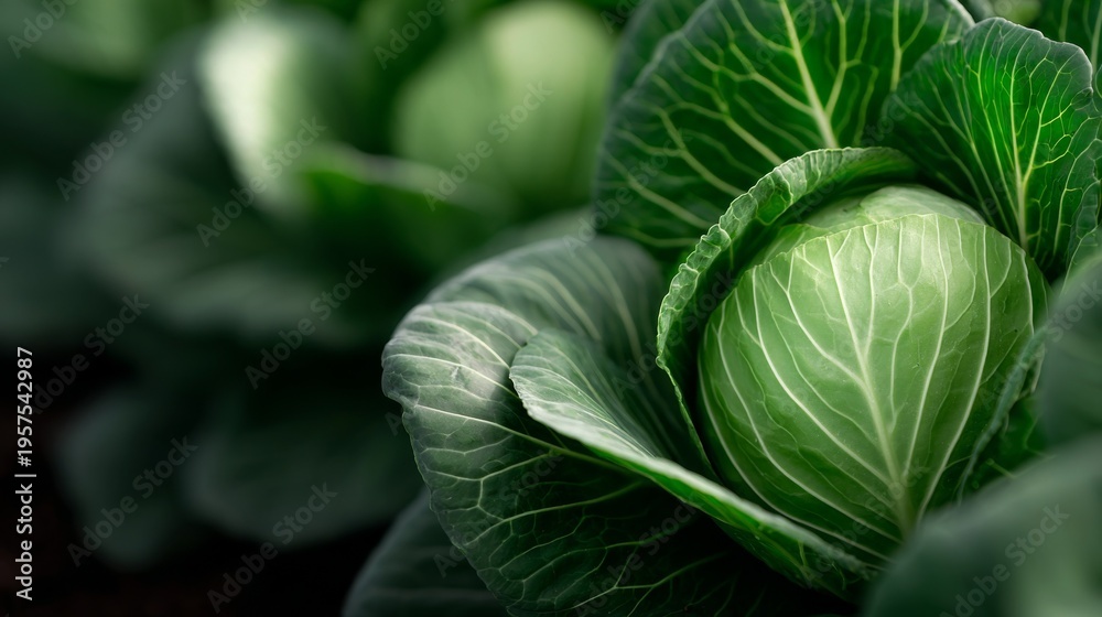 Obraz premium Fresh green cabbage growing in a garden, showcasing its vibrant leaves.