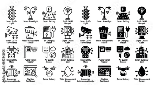 Set of smart city technology icons. Includes line and glyph styles for concepts like IoT, public transit, EV charging, and urban infrastructure. For web, apps, and infographics.