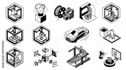 A set of isometric icons illustrating 3D printing and additive manufacturing technology. Vector line art shows prototyping, scanning, and engineering processes. Perfect for tech concepts.